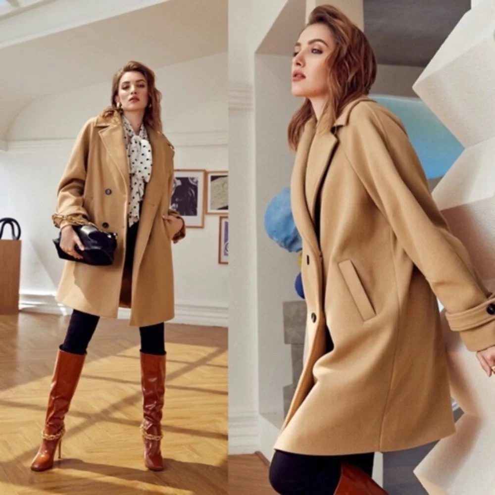 Cozy Classic Camel khaki trench peacoat button Winter - Picture 5 of 6